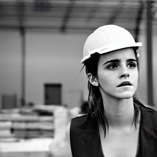 Prompt: photo, close up, emma watson in a hi vis vest, in warehouse, 2 0 0 8 android cameraphone, low contrast, 2 6 mm,
