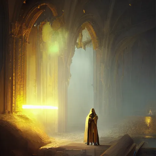 Image similar to A holy yellow knight by Greg Rutkowski, photorealistic, volumetric lighting, HD, subtle details, dramatic