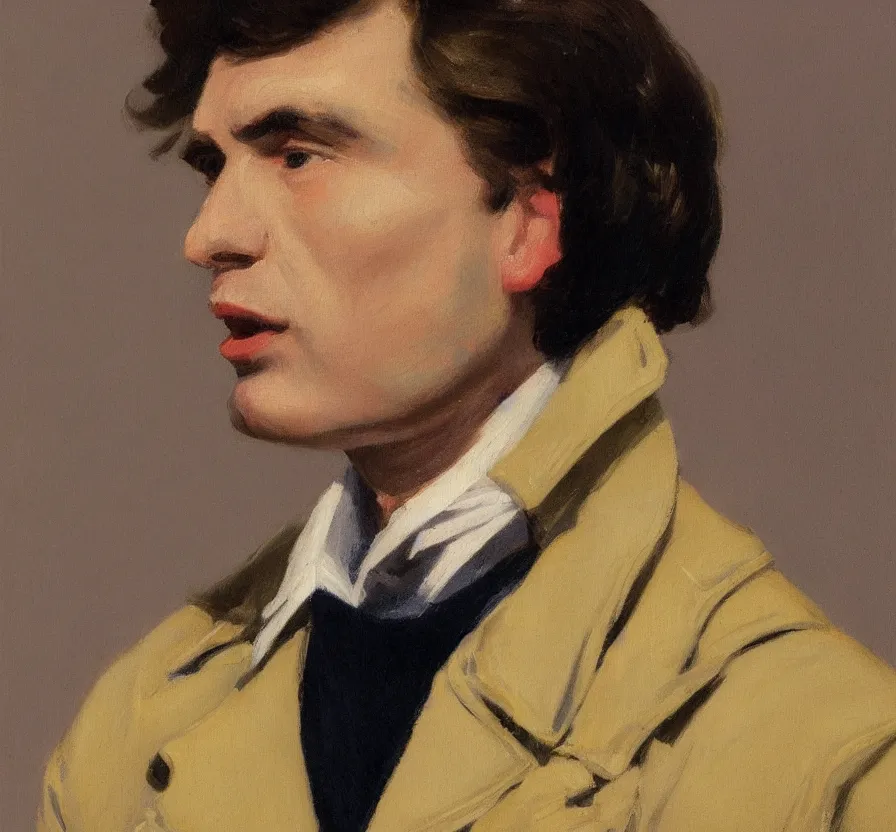 Prompt: a very detailed portrait of a man wearing an 8 0 s jacket with big shoulder pads, very aesthetic leather jacket, detailed closeup of leather jacket, front shot, in the style of edward hopper and oswald hornby joseph birley and susan ryder, very small brushstrokes, 4 k,