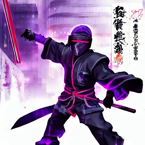 Image similar to a cyberpunk ninja fighting and wielding an electric kyoketsu - shoge!!! concept art, award winning. 4 k