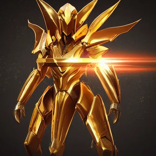 Image similar to “ gold armor azir fan art fantasy armor cinematic shot dynamic pose red glowing lines deviant art art station 4 k octane render bloom effect war frame fanart destiny 2 fanart ”