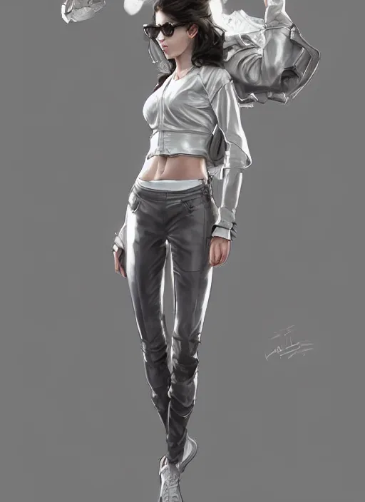 Prompt: girl in very short white! top and very short gray! leather jacket, open belly, long dark curly hair, glasses up lifted forehead, high waist sweatpants, intricate, elegant, highly detailed, digital painting, artstation, concept art, smooth, illustration, art by artgerm and greg rutkowski and alphonse mucha