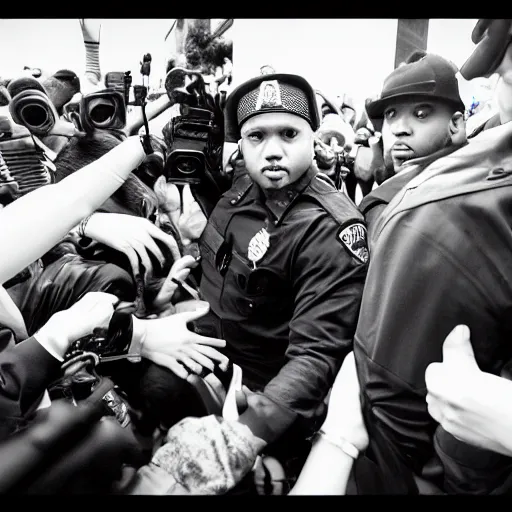 Prompt: rapper leaving a police station surrounded by paparazzi and fans after being arrested, ultra realistic, photorealistic, dynamic light, symmetry faces, cinematic