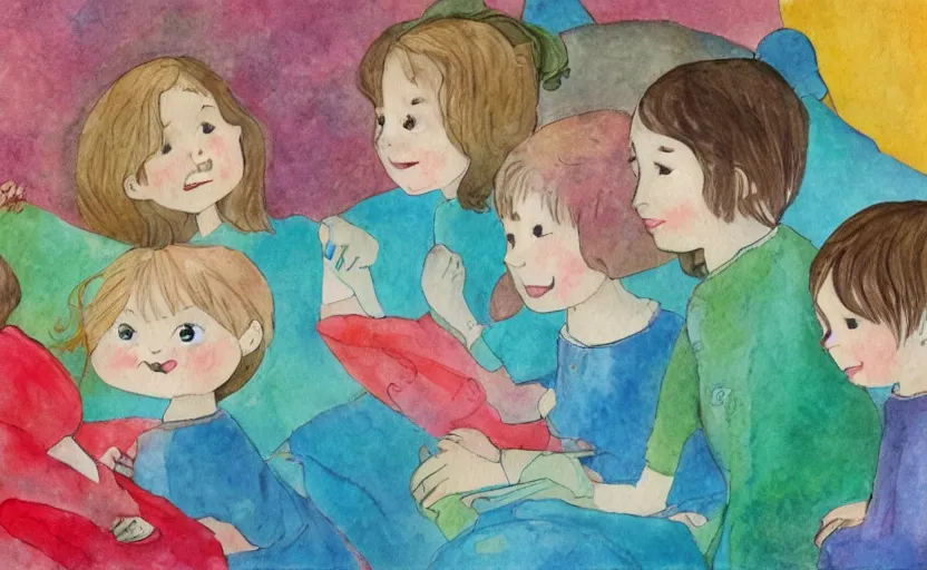 Image similar to children book illustration, A voice that flutters like a soft blanket around the four of them, water color