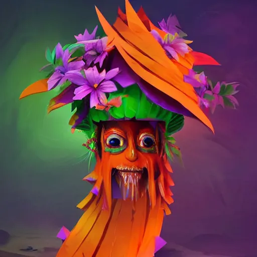 Image similar to a beautiful stunning fantasy matte digital painting of a traditional pinata made of orange and purple flowers and green leaves, concept art, professional lighting, trending on artstation hq, contest winner