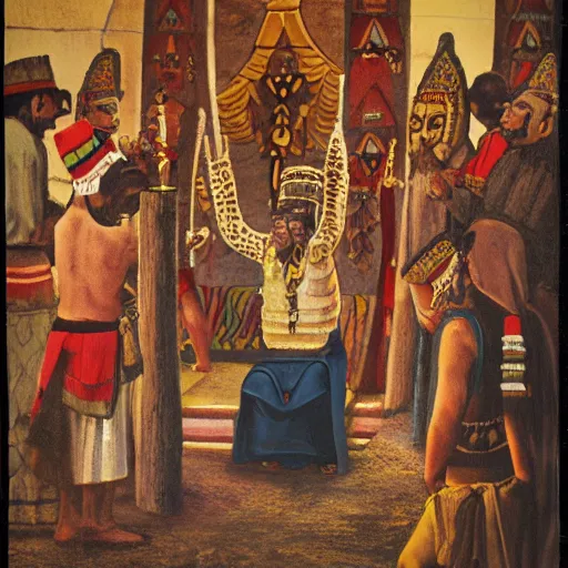 Prompt: a photograph of a aztec priest preying at a temple