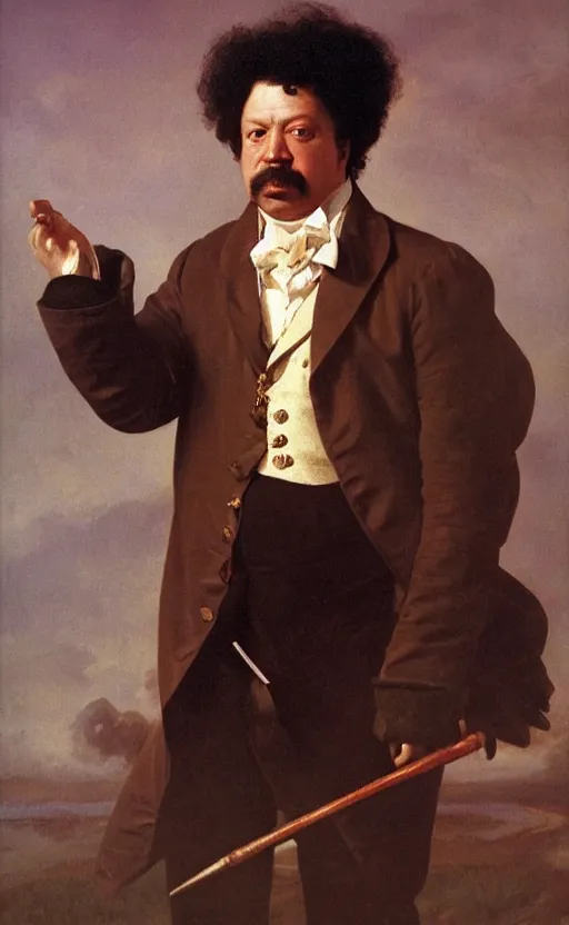 Image similar to Portrait of Alexandre Dumas, oil on canvas, highly detailed, by Kramskoy, 8k
