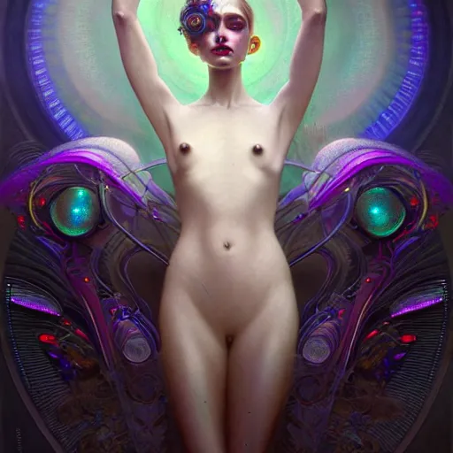 Image similar to extremely psychedelic beautiful cyborg queen of lsd infected by night. intricate, elegant, highly detailed, extremely lifelike photorealistic digital painting, artstation. steichen, gaston bussiere, tom bagshaw, cyberpunk alphonse mucha. elegant minimalism. anatomically correct. sultry. sharp focus. white. surreal lush hallucination