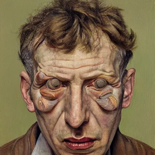 Image similar to high quality high detail painting by lucian freud, hd, portrait of a man covered with multiple eyes, photorealistic lighting