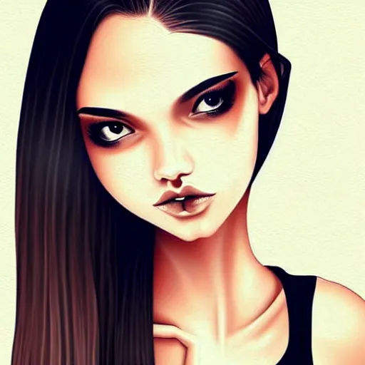 Image similar to attractive elegant sophisticated reservedyoung woman, slim figure, perfect silky straight hair, smooth tan skin, dark circles under bemused eyes, hip emo fashion, tshirt, shorts, pinterest, very interesting digital painting, beautiful portrait