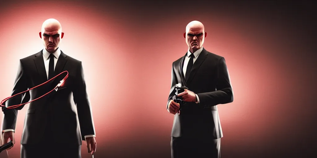 Image similar to agent 4 7 from hitman wearing headphones listening to music, dark background, red rim light, highly detailed, smooth, sharp focus, art by ali kiani amin