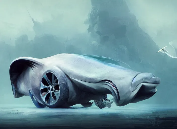 Image similar to beautiful concept design of a car that looks almost like a fish, a shark or a whale. car design by cory loftis, fenghua zhong, ryohei hase, ismail inceoglu, ruan jia, henrik fisker, bruce kaiser, scott robertson, dmitry mazurkevich, doruk erdem, and jon sibal. volumetric light