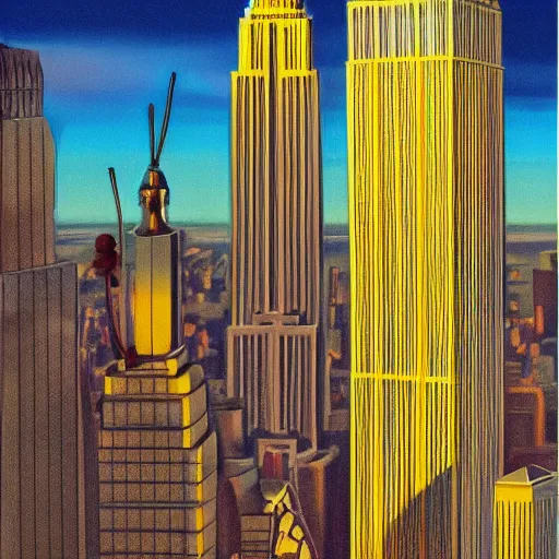 Image similar to giant mouse on empire state building, photorealist, golden hour, high quality