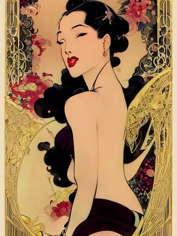 Prompt: asami, a beautiful art nouveau portrait by Gil elvgren and Jim mahfood, 1920s city environment, centered composition, defined features, golden ratio, gold jewlery, photorealistic professional lighting, cinematic