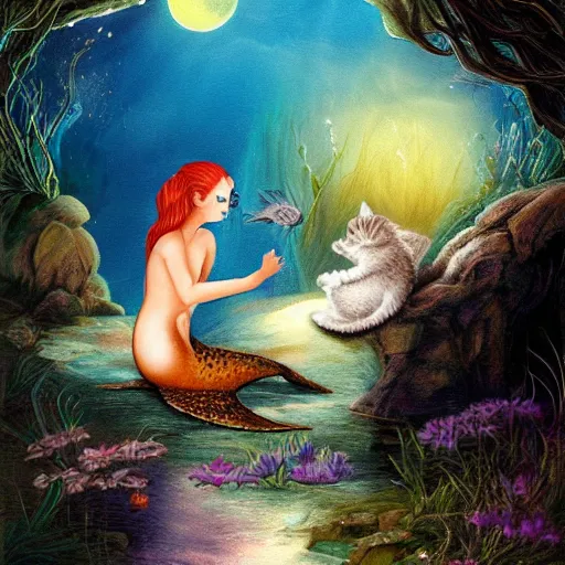 Image similar to a mermaid meets a kitten, fantasy illustration,