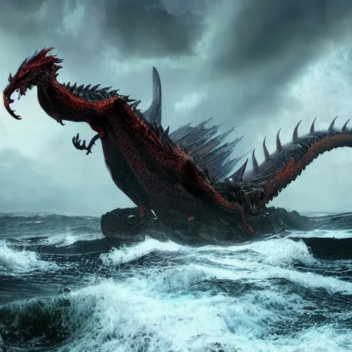 Image similar to a dragon with three heads emerging from the ocean during a storm, dramatic lighting, cinematic, high coherence, hyperrealistic, anatomically correct, path traced, highly detailed, high quality, 8 k hdr, octane render, unreal engine 5, trending on artstation, epic image, turbulent sea, concept art, digital art