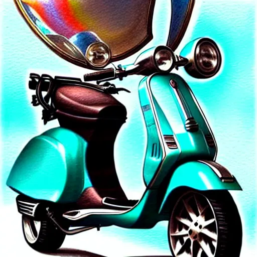 Image similar to a turquoise vespa moped, realistic, concept art, intricate details, detailed, rim light, photorealistic, pencil and watercolor, art by artgerm and greg rutkowski