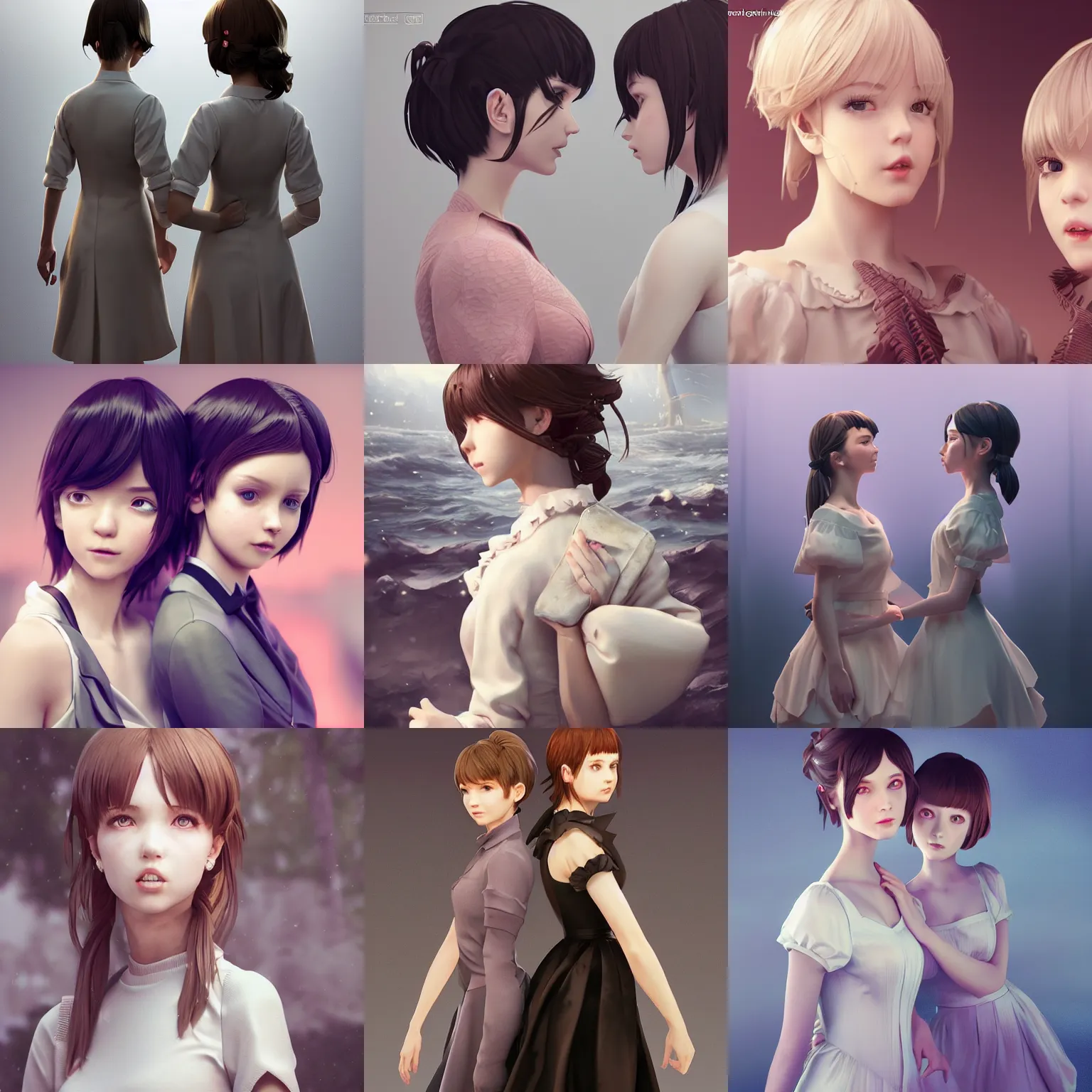 Prompt: worksafe. insanely detailed. by wlop, ilya kuvshinov, krenz cushart, greg rutkowski, pixiv. zbrush sculpt, octane, maya, houdini, vfx. two gorgeous young cg gentle girlish feminine sissy boys with ponytail hairstyle in princess dress posing together, in luxury advertisement. cinematic dramatic atmosphere, sharp focus, volumetric lighting