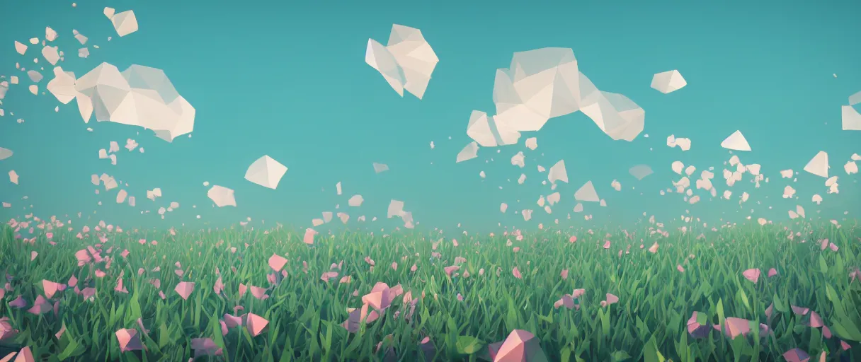 Image similar to 3 d render, low poly art, minimalist, flowers, teal sky, lowpoly landscape, particles floating, unreal engine, dreamy, bokeh, bounce light, bright lighting, complementary palette