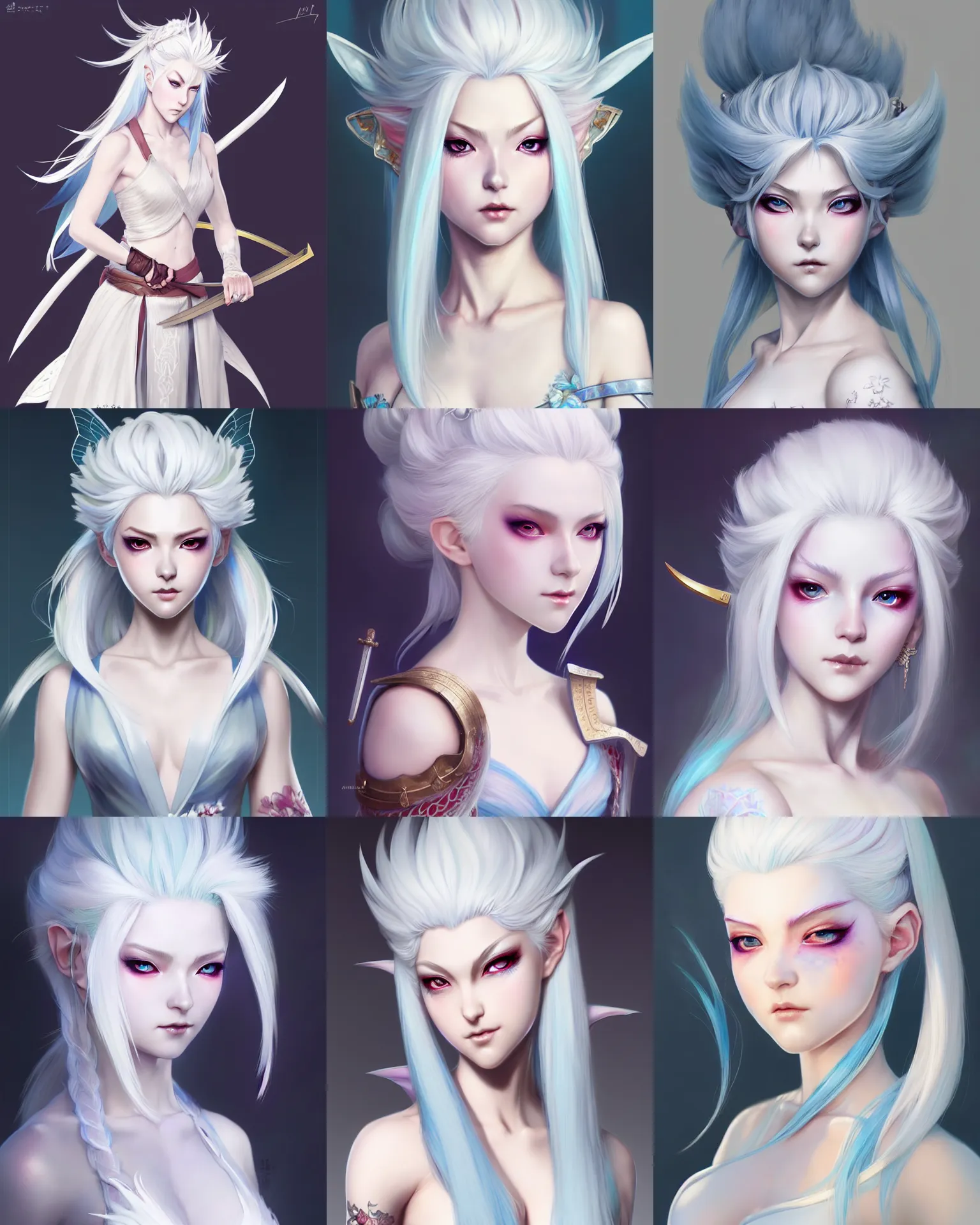 Prompt: character concept art of a white haired young gorgeous female fairy samurai | | distinct - fine, key visual, realistic shaded perfect face, fine details by stanley artgerm lau, wlop, rossdraws, james jean, andrei riabovitchev, marc simonetti, sakimichan, and jakub rebelka, trending on artstation