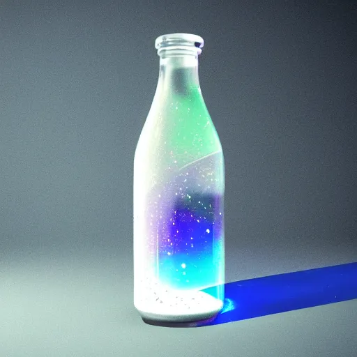 Prompt: Galaxy in a Bottle sitting on a white table in a brightened room, rendered by Erick Alexander Mercado Mazon, Xie Boli, Max Hay, Cameron Mark, and Hue Teo, artstation 3d, artstation render, artstation 3d render, 3d art, unreal engine 3d, octane 3d, blender 3d, 3d landscape, photorealistic imagery, photorealistic details, intricate, highly detailed, trending on artstation, 4k, 8k