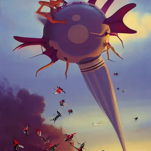 Image similar to Giant insects fly through the air, as a tornado approaches, by Takashi Murakami, Edward Hopper, Bo Bartlett, and Cynthia Sheppard, Artstation