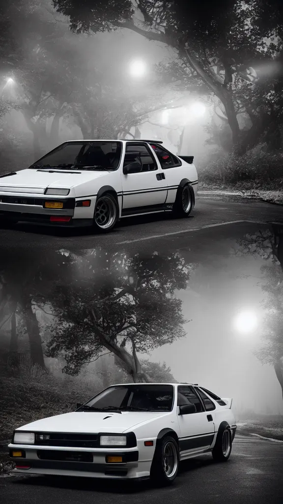 Image similar to a trueno ae 8 6 with pop up headlights, cinematic, long exposure, white balance, 8 k, led, lumen global illumination, fog, ray tracing reflections