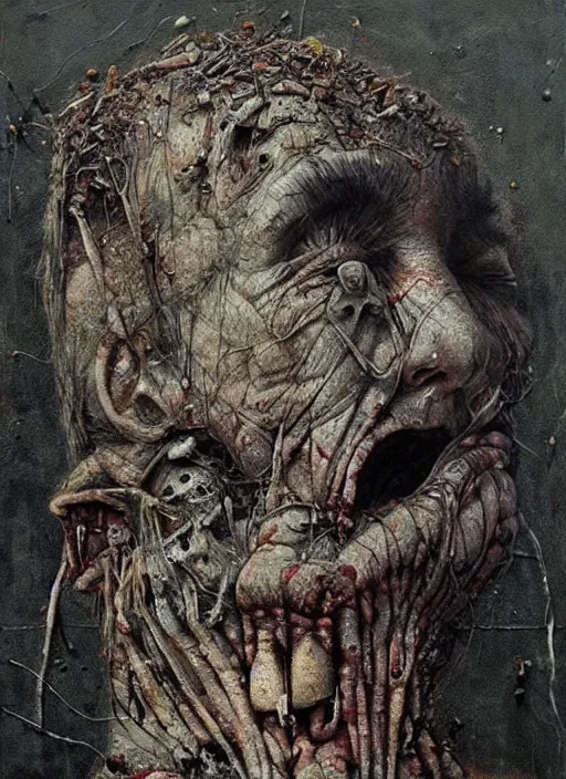 Prompt: painting of disturbing figure lying on concrete ground, decrepit, corpse-like, by jon hale, beksinski, giger, epic, flying birds, tweeting, trump reaction video tiktok, 'trump face reacting'!!! soyjak!!!