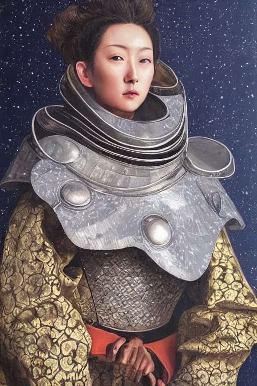 Image similar to hyperrealism oil painting, close - up portrait of medieval fashion model, knight, steel gradient mixed with nebula sky, in style of baroque mixed with 7 0 s japan book art