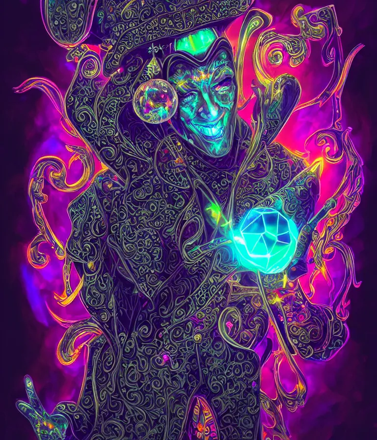 Image similar to front!!! shot of a court jester!!! character, hyperdimensional, bioluminescent hypercubes, dark holography!!!, sunset psychedelic, chrome, (((intricate))), elegant, highly detailed, centered, (((artstation, concept art, smooth, sharp focus, artgerm, Tomasz Alen Kopera, Peter Mohrbacher, donato giancola, Joseph Christian Leyendecker, WLOP, Boris Vallejo))), mugshot!!!!!, ugly!!!!!!, octane render, nvidia raytracing demo, octane render, nvidia raytracing demo, octane render, nvidia raytracing demo, grainy, muted, 8K, digitalblasphemy, metatron