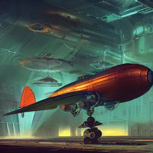 Prompt: concept art, retro - futurist steampunk pilot, airship hangar, imperious, octane render, artstation, dramatic neon lighting, glowing imperial motifs, eerie, mysterious, red turquoise accents, bladerunner, by gerald brom, james jean, syd mead, akihiko yoshida, cinematic w 1 0 2 4