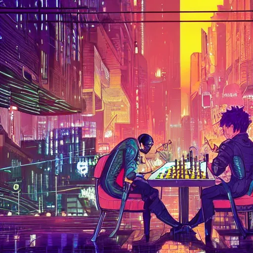 Prompt: high detailed replicants playing chess in a cyberpunk rainy city at night by josan gonzalez, purple and blue neons, unreal engine, high quality, 4 k, uhd, trending on artstation, wires, blade runner vibes, ghost in the shell, akira, dorohedoro