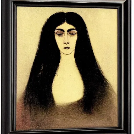 Image similar to gothic woman with big dark eyes, thick eyebrows and long hair by Odilon Redon