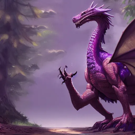 Image similar to concept art painting of an anthropomorphic purple humanoid bipedal dragon, in the deep forest, realistic, detailed, cel shaded, in the style of makoto shinkai and greg rutkowski and james gurney