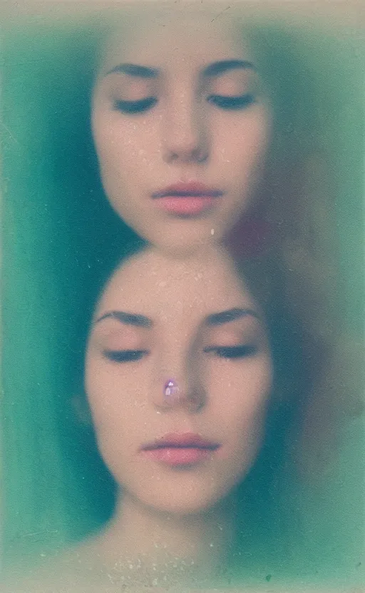 Prompt: a beautiful woman's face in the water, serene emotion, new polaroid, glitchy patterns, kodak color grading, muted colors, hazy, aqua, pastel colors, soft lighting