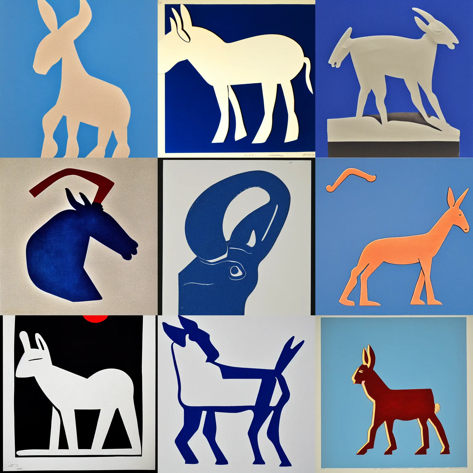 Prompt: lithograph of donkey!! cycladic sculpture, simplified, silhouette, solid colors, block print, iconic, side view, centered, white background, ultramarine blue and red iron oxide