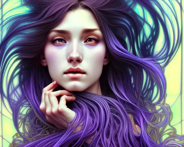 Image similar to overlord, psychedelic flowing hair, close eyes, portrait, highly detailed, deep focus, elegant, digital painting, smooth, sharp focus, illustration, ultra realistic, 8 k, art by artgerm and alphonse mucha