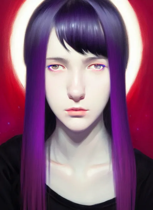 Image similar to portrait of teenage girl with white bangs, red irises, black hair, purple clothes, white bangs, bangs are different color from hair, intricate, front of hair is white rest is black, elegant, glowing lights, highly detailed, digital painting, artstation, concept art, smooth, sharp focus, illustration, art by wlop, mars ravelo and greg rutkowski