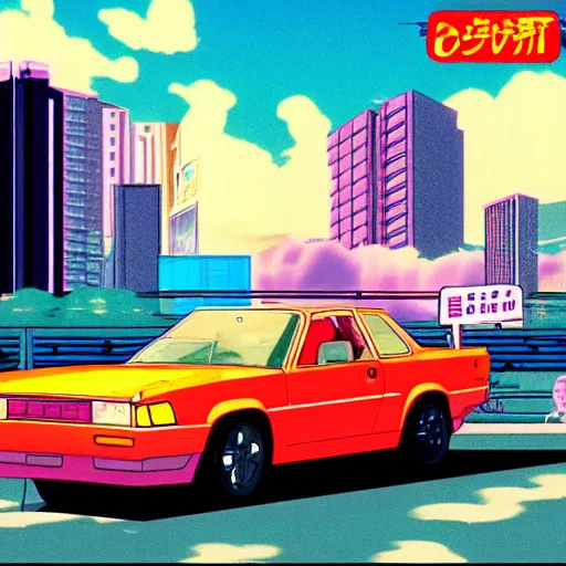 Image similar to girl driver her car in sunset, sprite, vaporwave nostalgia, directed by beat takeshi, visual novel cg, 8 0 s anime vibe, kimagure orange road, maison ikkoku, initial d, sketch by osamu tezuka, directed by hideki anno