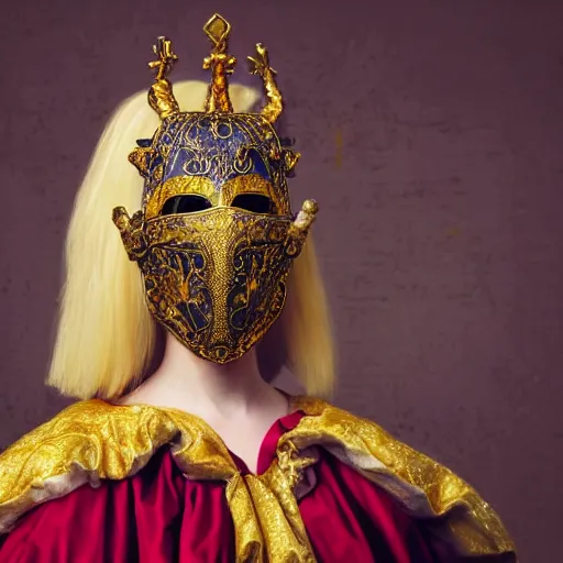Prompt: full standing figure baroque cultist wearing large occult headpiece, skirt, venice carnival, full face gold Volto mask, mid shot, hyperrealistic