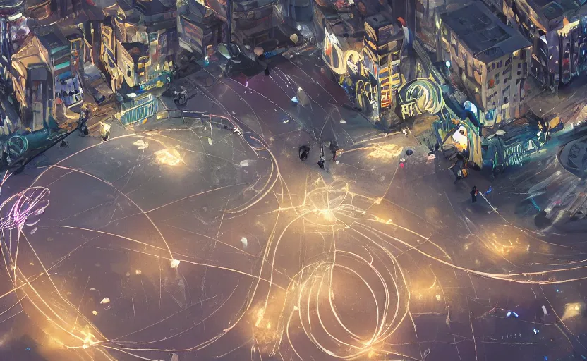 Image similar to pepople and a spiral - shaped white luminous attractor is floating on the ground in soviet city, concept art, art for the game, professional lighting, art painted in street style