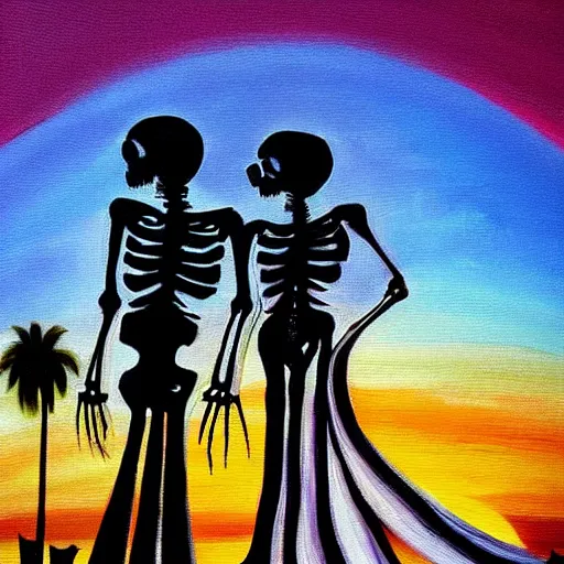 Prompt: skeleton wedding, sunset, cheerful, painting