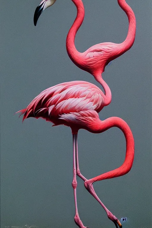 Prompt: hyper realistic painting of a flamingo by wayne barlowe, beksinski, hr giger, austin osman spare, bussiere