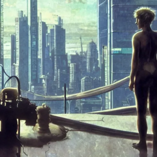 Prompt: still from ghost in the shell, highly detailed, Norman Rockwell, bokeh