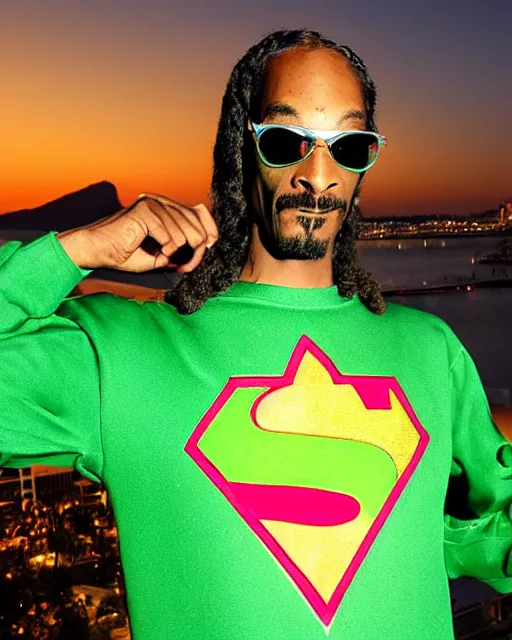 Prompt: snoop Dogg dressed as a green Superman with a marijuana logo, Long Beach background, sunset