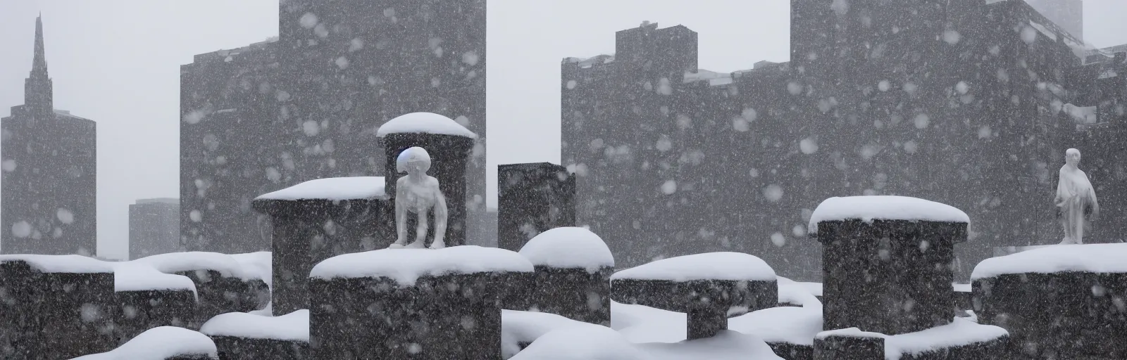 Image similar to snow falling on brutalist monastery, the monastery is on top of a black snowy mountain, the concrete monastery has walkways, skybridges, stairways, white marble statues on pedestals in the background, depth of field, sharp focus, clear focus, beautiful, award winning architecture, hopeful, quiet, calm, serene