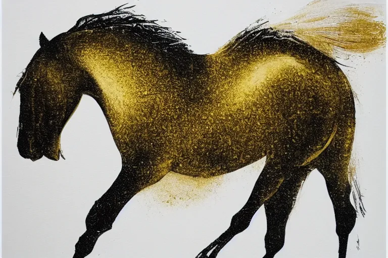 Image similar to beautiful serene horse, healing through motion, minimalistic golden ink aribrush painting on white background