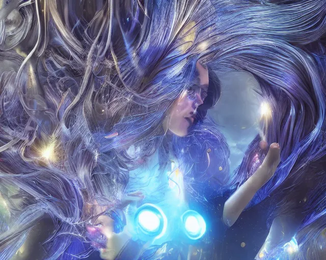 Image similar to glowing hair, complex cybernetic beings, beautiful hairy humanoids, cybermagnetosphere, cybernetic civilizations, ornate hair, love, joy, vortexes, large arrays, data holograms, 8 k, cinematic light shadows, wet hdr refractions, *, * * *, * * * * *