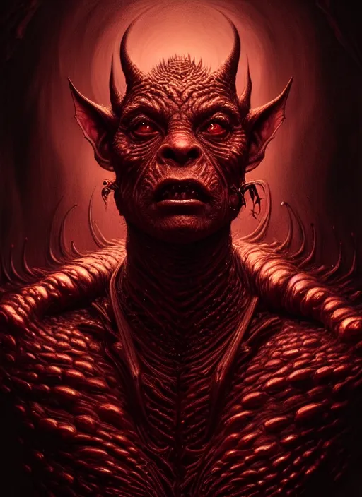 Image similar to realistic portrait of beautifully crystalized and detailed portrait of a goblin, matte painting of cinematic movie scene red dragon, horror, created by gustave dore and greg rutkowski, high detailed, smooth draw, synthwave neon retro, intricate, realistic proportions, dramatic lighting, trending on artstation.