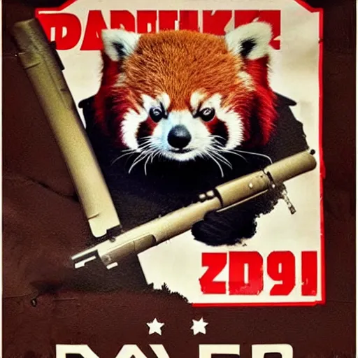 Prompt: red panda holding a rifle on a propaganda poster!!!, stencil!!, hypnotic, historical poster, germany!!, clear view, world war, circa 1 9 3 9, stencil